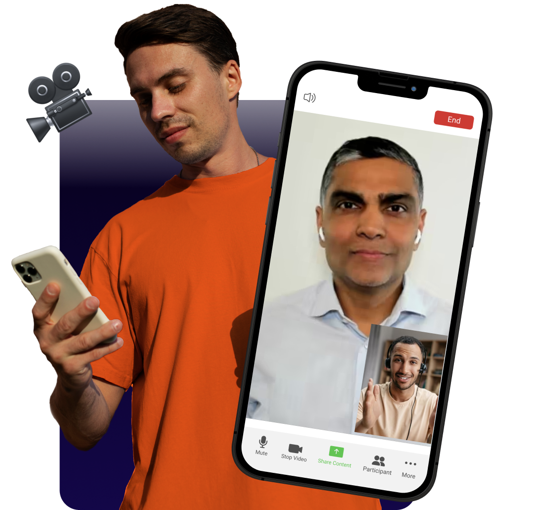 image of a men using phone and wearing orang t-shirt